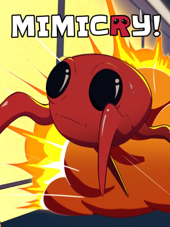 Mimicry! box art: a startled red mimic fleeing an explosion in a laboratory corridor